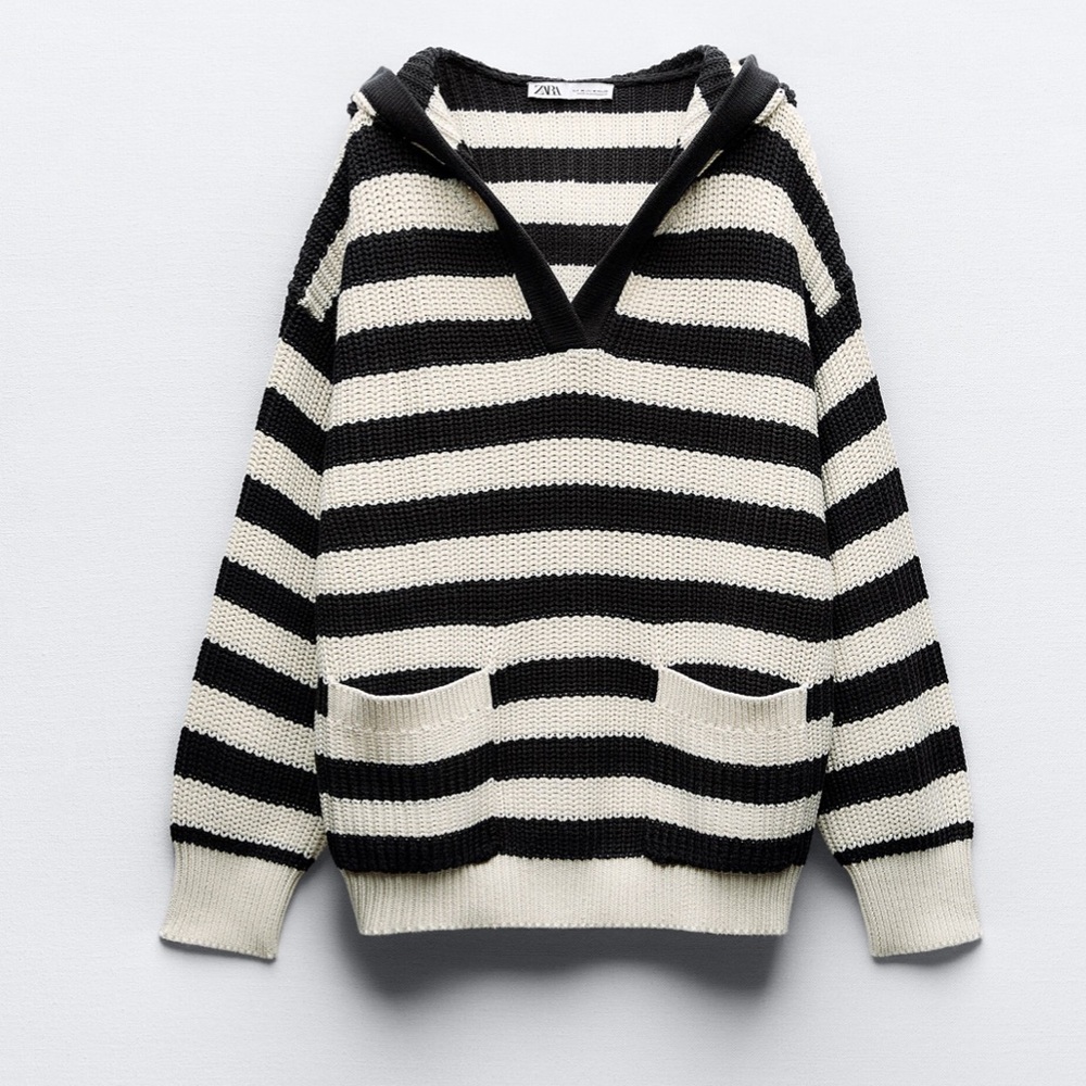 ZARA Hooded Knit Sweater Striped Cotton Long Sleeve Front Pockets Preppy Coastal